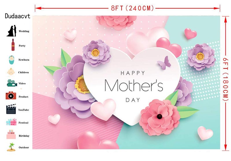 Dudaacvt 8x6ft Happy Mother's Day Backdrop Love Heart Photography Background Floral Mothers Day Birthday Photography Background for Mother's Day Photo Booth Props - Image 5